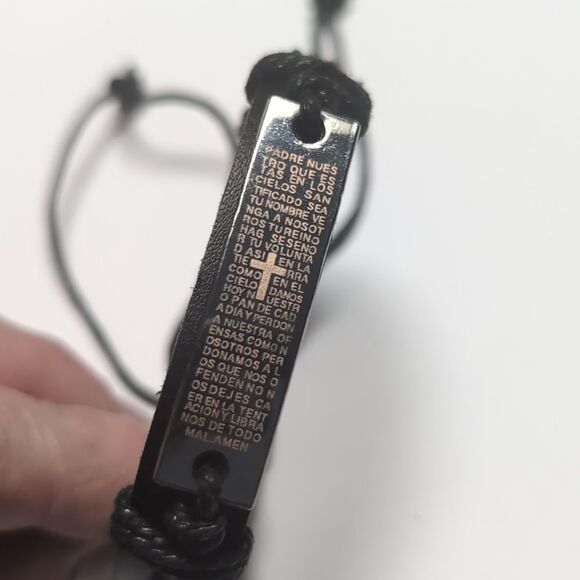 527 Spanish Prayer Black Leather Adjustable Slider‎ Bracelet - Picture 5 of 5